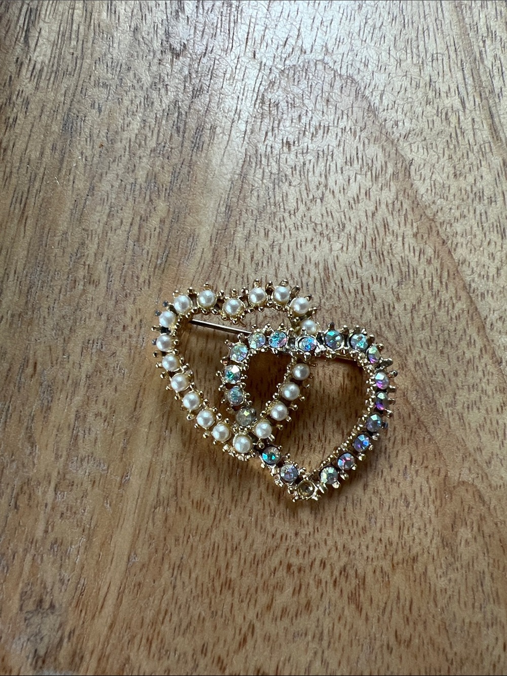 Gold Double Heart Brooch with Pearls and Iridescent Crystals - Women Jewelry